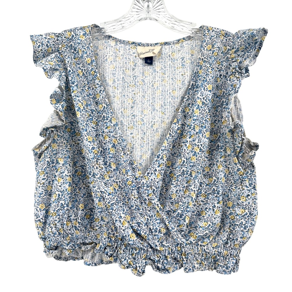 Universal Thread Womens Blue Floral Ruffle Surplice Crop Top Large Cotton Gauze